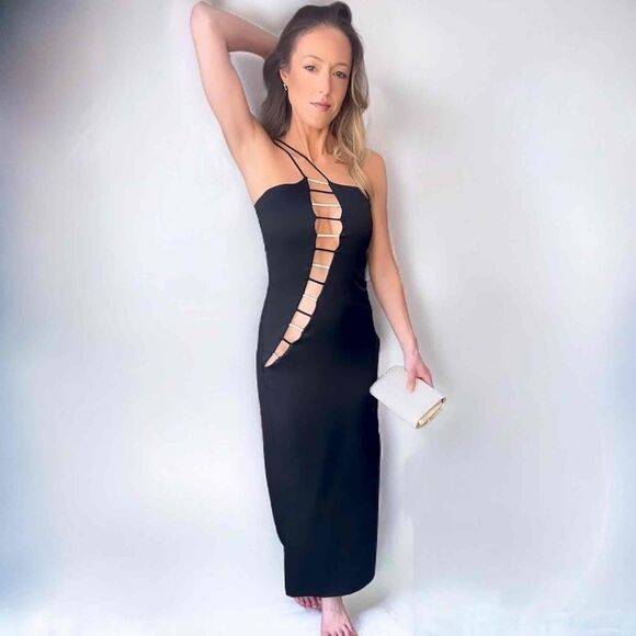 Atria Vintage Cutout Crystals Evening Gown Black Maxi Dress Size Small Excellent - Picture 2 of 8